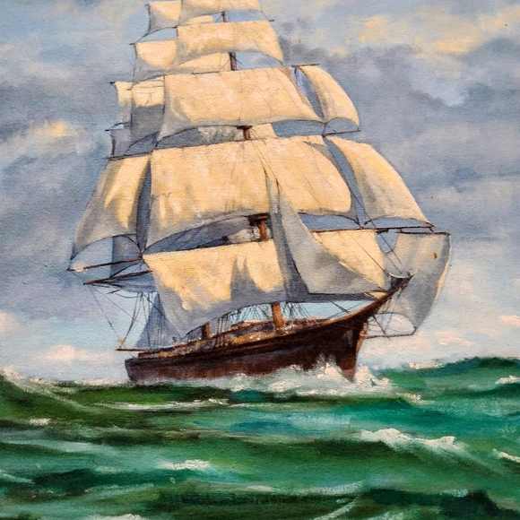 Vintage Ship at Sea Oil Canvas Signed Painting Signed By:: Artist - Picture 1 of 3